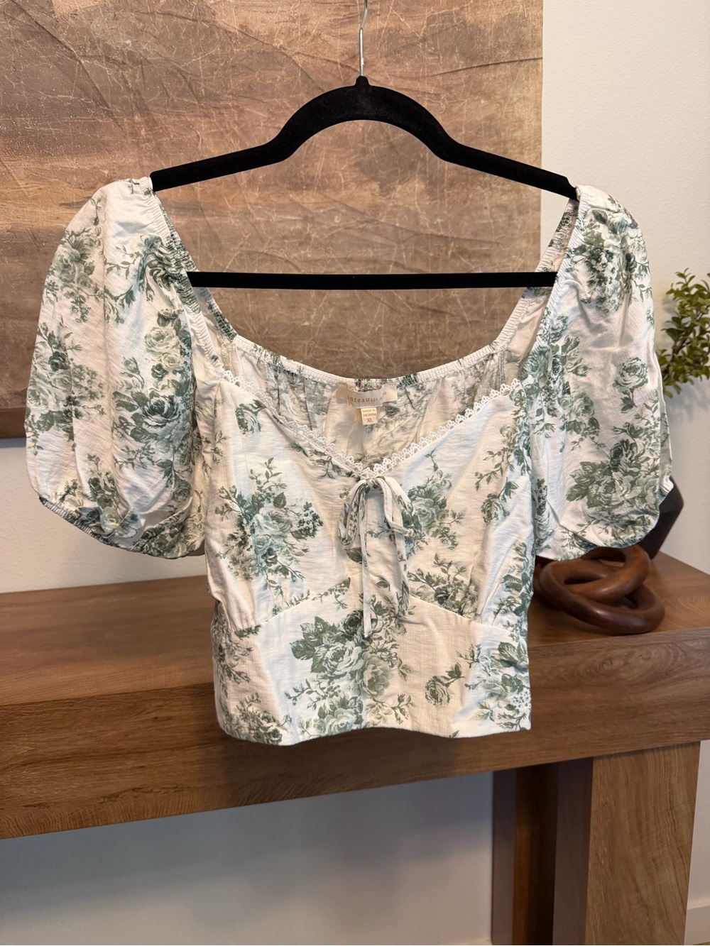 NWT Monteau Anthropologie green floral blouse with lace trim, size XL